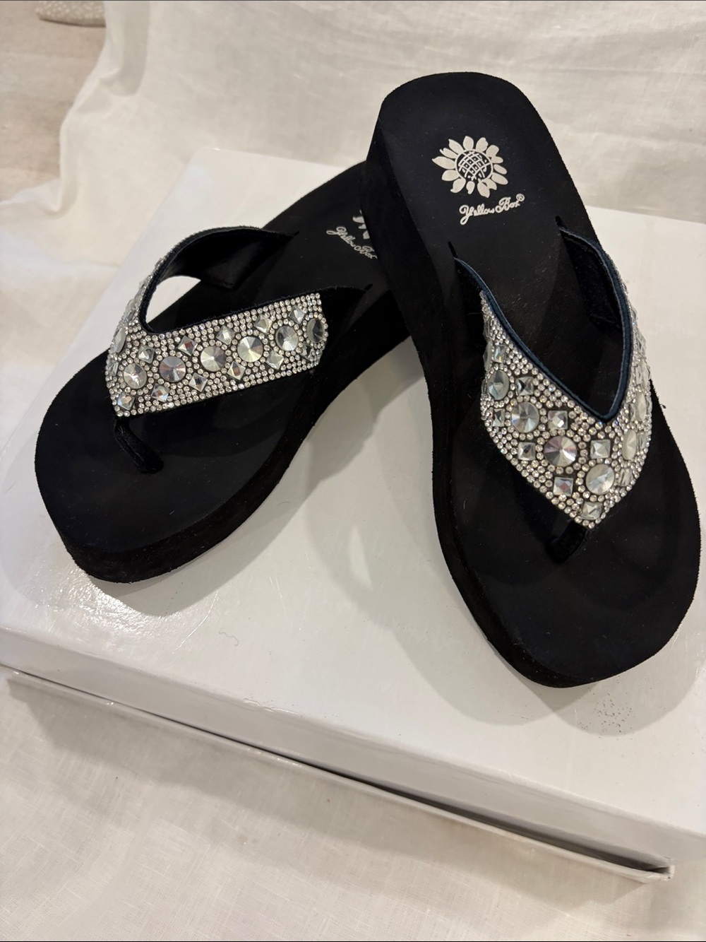 Yellow Box Black Jeweled Wedge Sandals